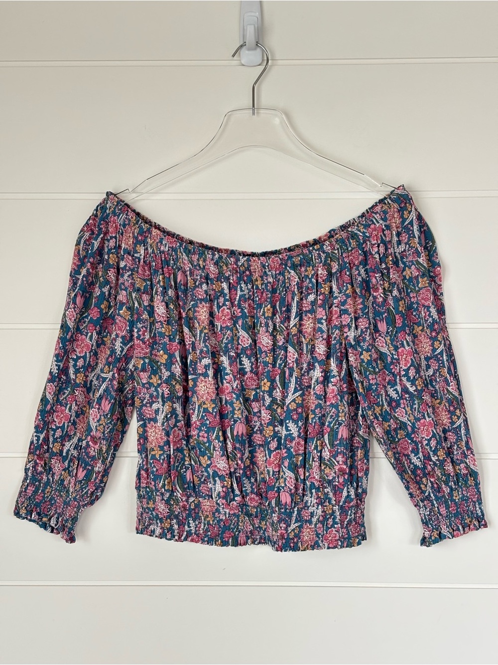 Rachel Zoe Teal Off-Shoulder Floral Smocked Peasant Blouse Women's Size Small